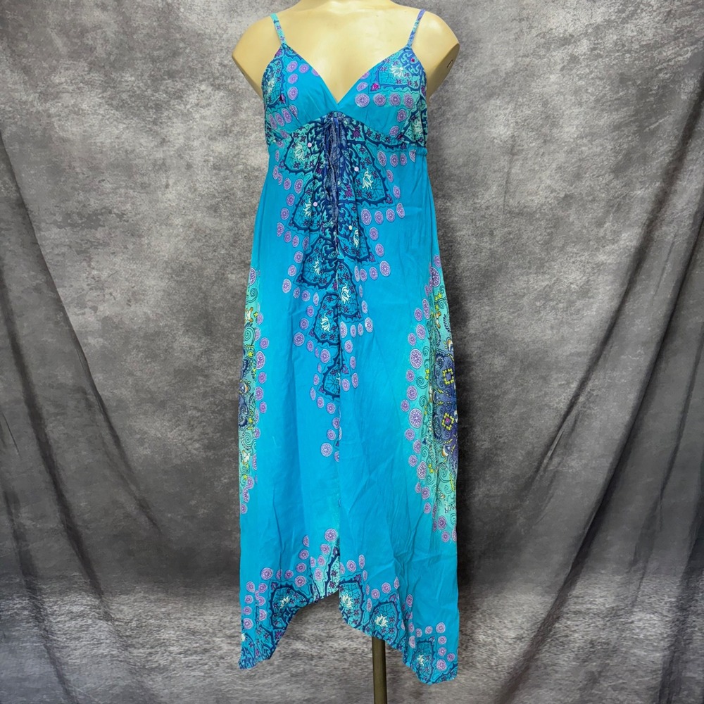 Raviya Babydoll Midi Dress Size S Turquoise Sequin Mandala Paisley Boho Festival